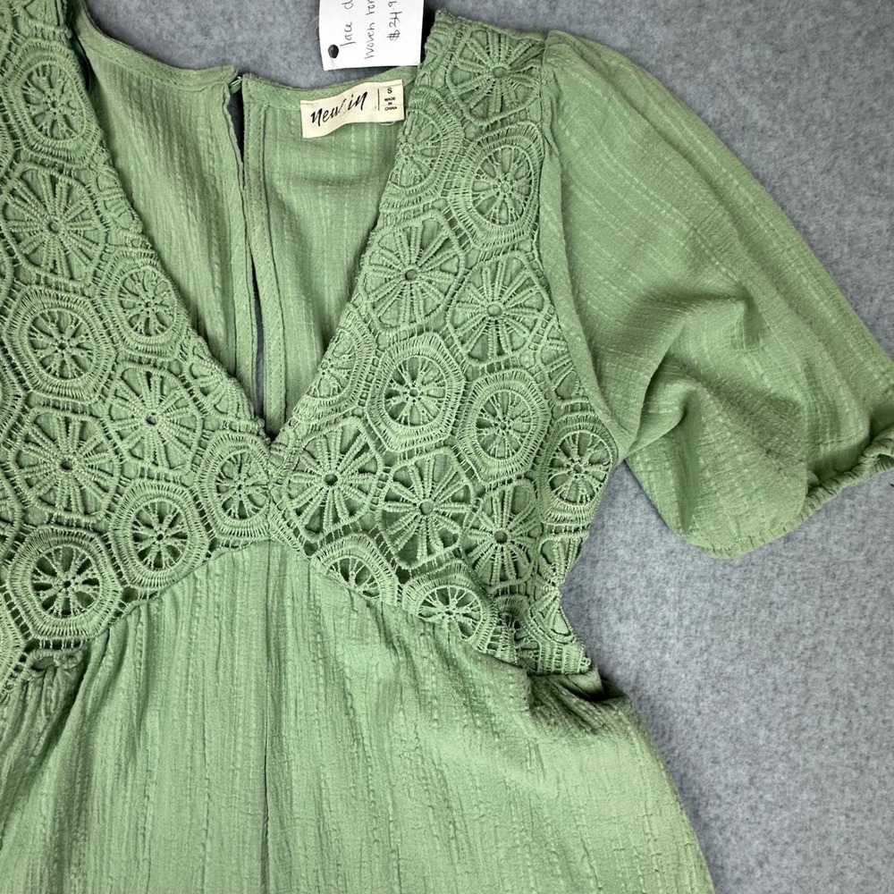 New In Sage Green Crochet Lace V-Neck Romper Small Boho Puff Sleeve Playsuit